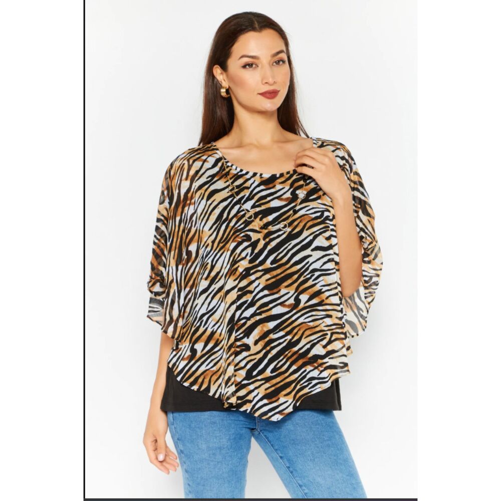 Women Boat Neck Cape Sleeve Zebra Print Top, Multicolor